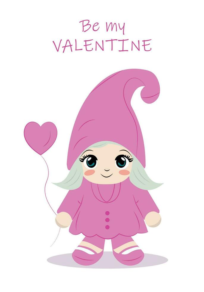 Valentines day girl gnome. Be my Valentine card. vector