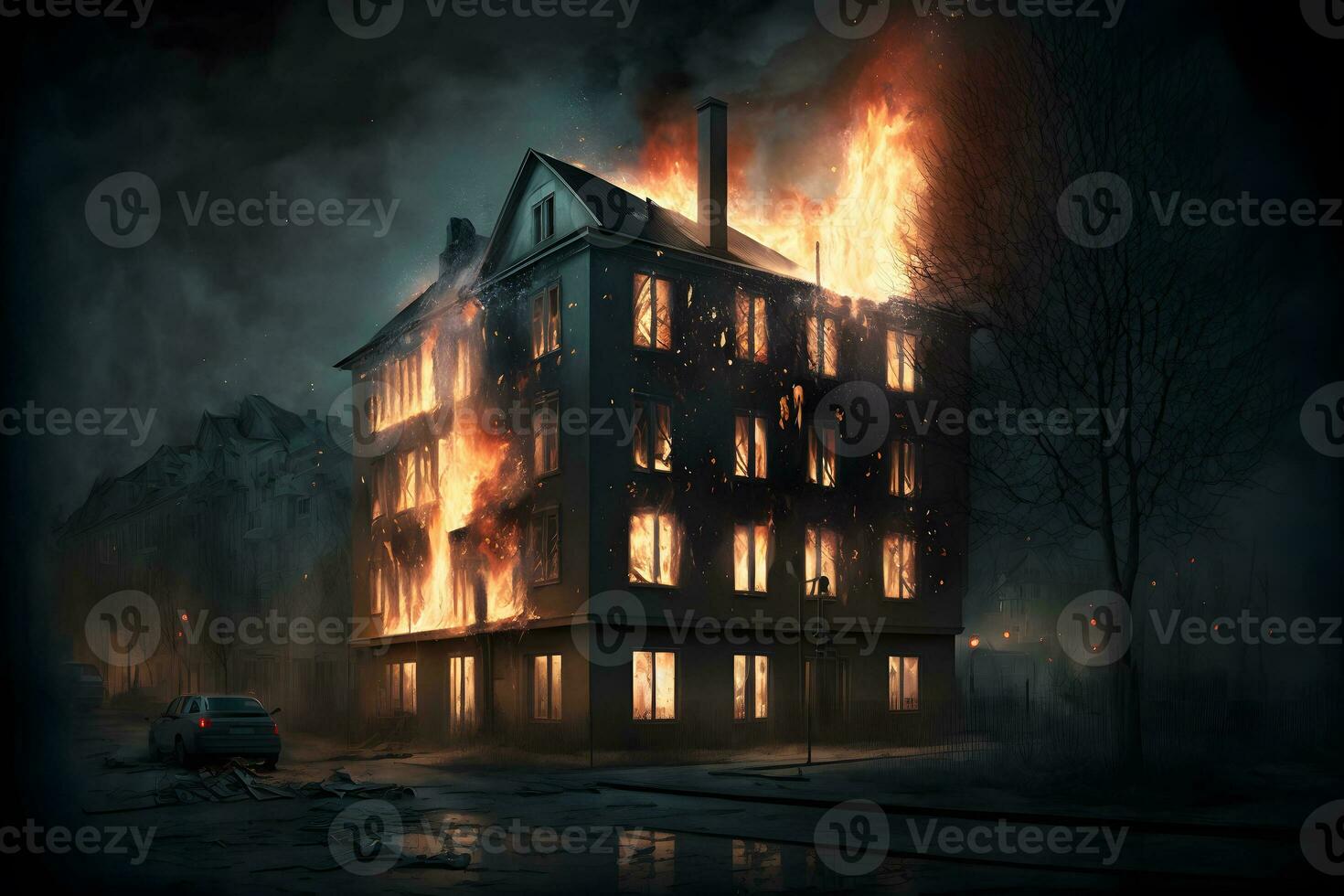 AI generated Multistorey residental or office building on fire accident. Neural network generated art photo