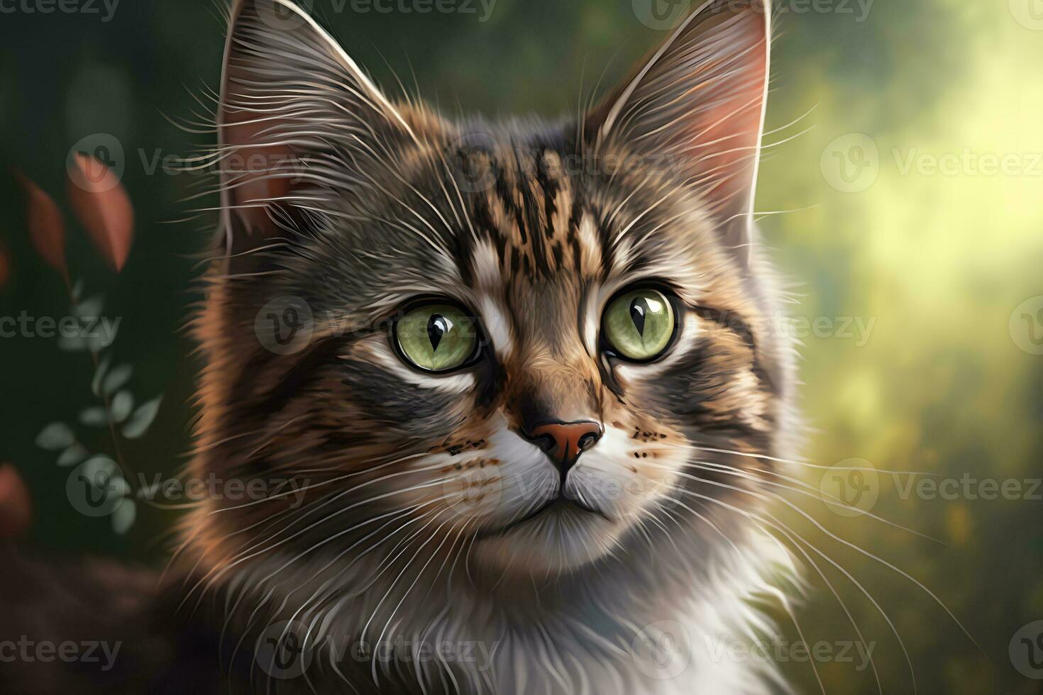 AI generated Portrait of domestic cat with tabby fur outdoors with nature background. Neural network generated art photo