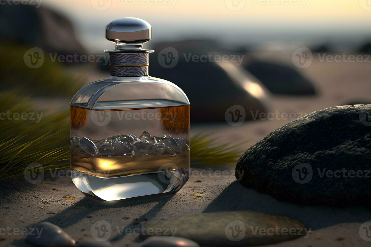 AI generated A glass bottle of perfume standing on a sea background. Neural network generated art photo