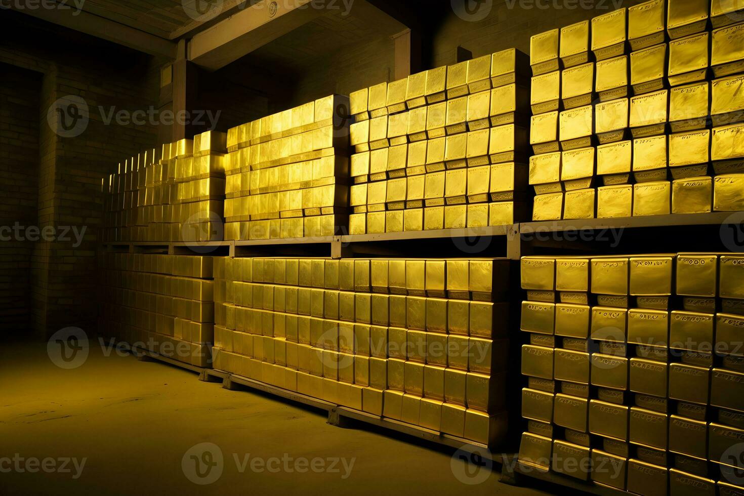 AI generated Stacks of gold bullion and safe deposit boxes in bank depository room. Neural network generated art photo