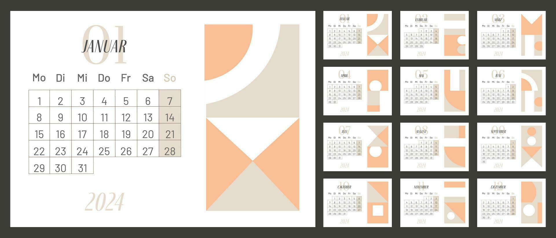 2024 calendar vector design template, simple and clean design. Calendar in German. The week starts on Monday.