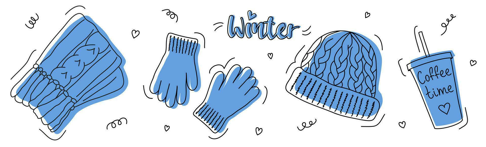 A cozy set of warm clothes for autumn and winter. Cartoon doodle style. vector