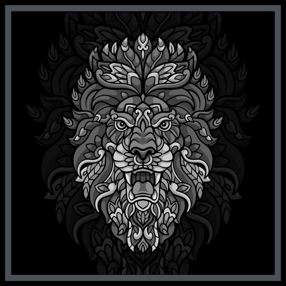 monocromo león cabeza mandala letras. vector