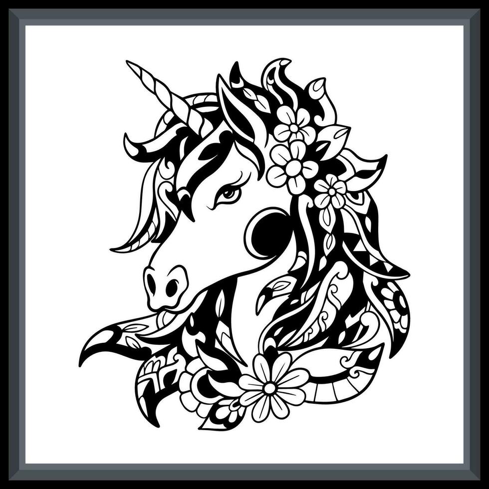unicornio cabeza tribal tatuaje mandala letras. vector