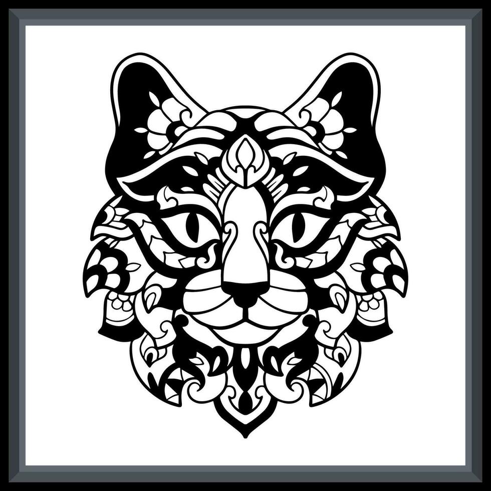 vistoso gato cabeza tatuaje mandala letras. vector