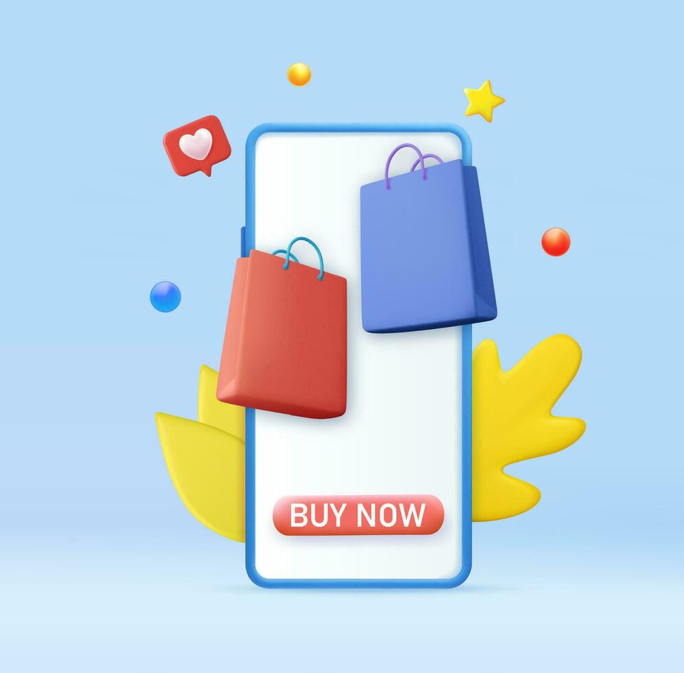 3d Online shopping on application and website concept. Mobile smart phone with shopping app. 3d rendering. Vector illustration