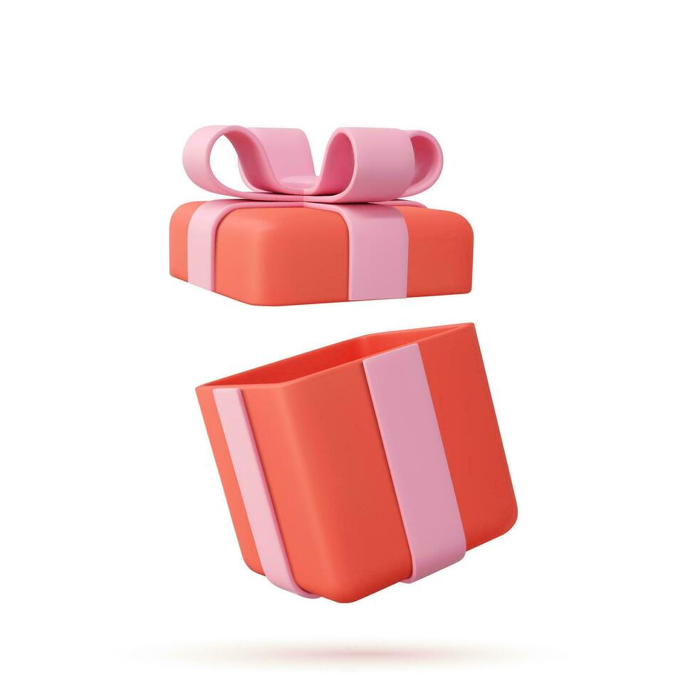 3d render open gifts box isolated on white background. Holiday decoration presents. Festive gift surprise. Realistic icon for birthday or wedding banners. Vector illustration.