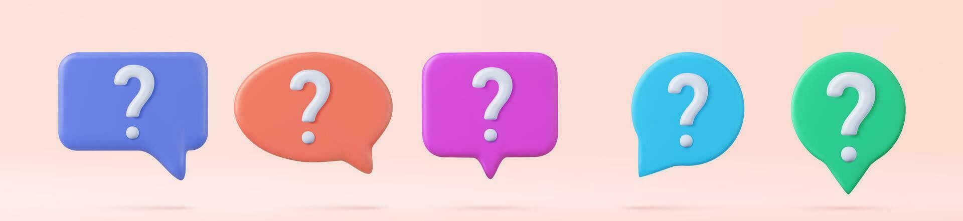 set of 3d Speech bubble with question mark icon. FAQ, support, help concept. 3d rendering. Vector illustration