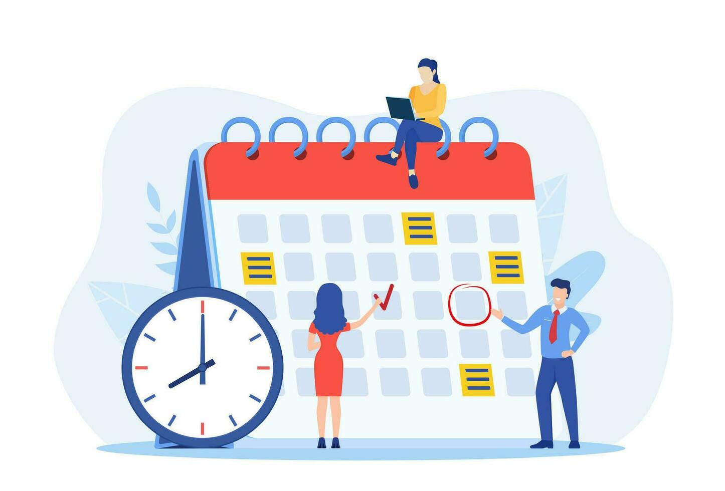 Planning schedule, business event and calendar concept. People with schedule, pen and notes organize meeting. Planning strategy and time management. Vector illustration in flat style