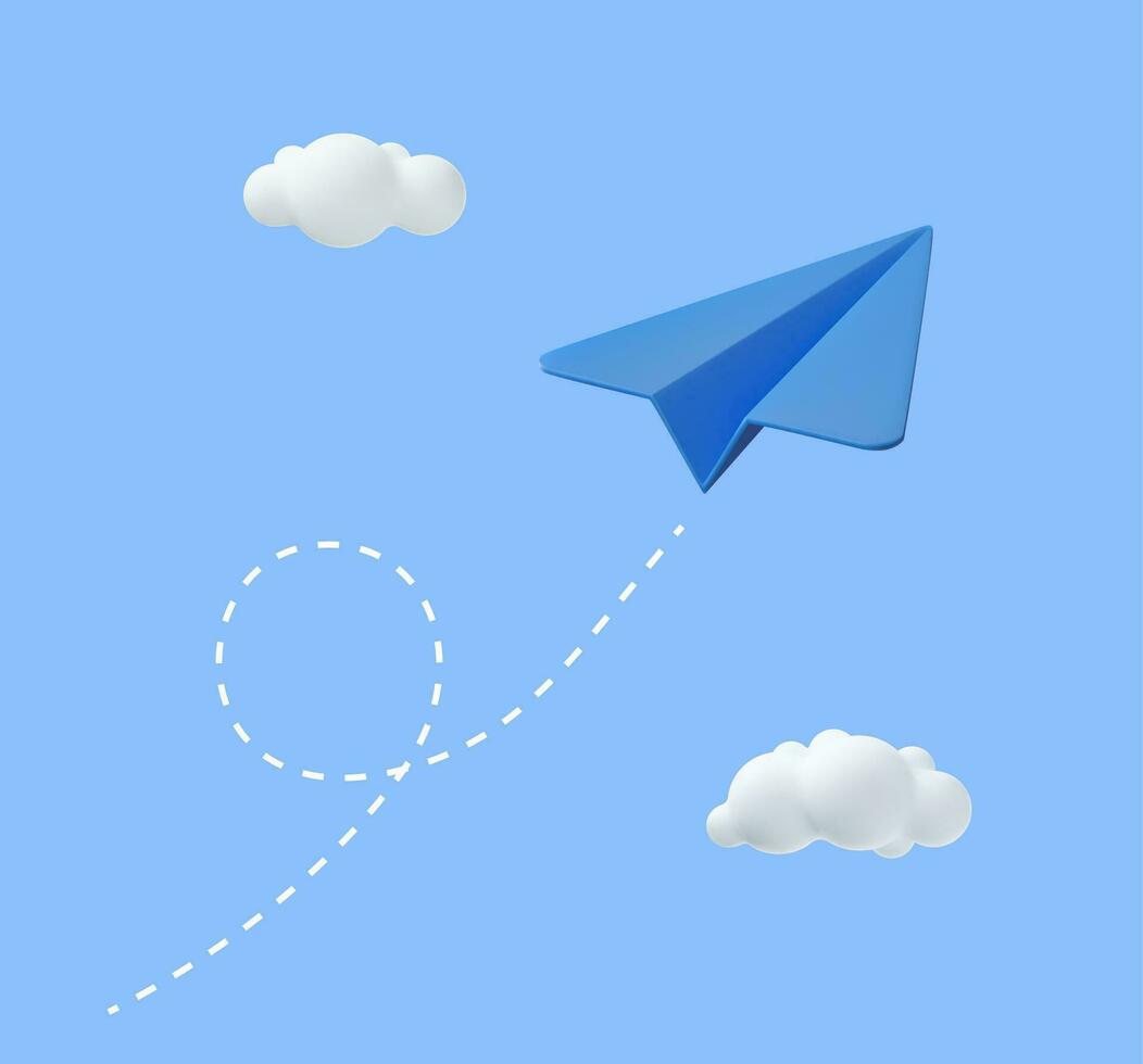 3d paper airplane with clouds Minimal cartoon cute smooth. creative vision leadership concept. Modern trendy design. 3d rendering. Vector illustration