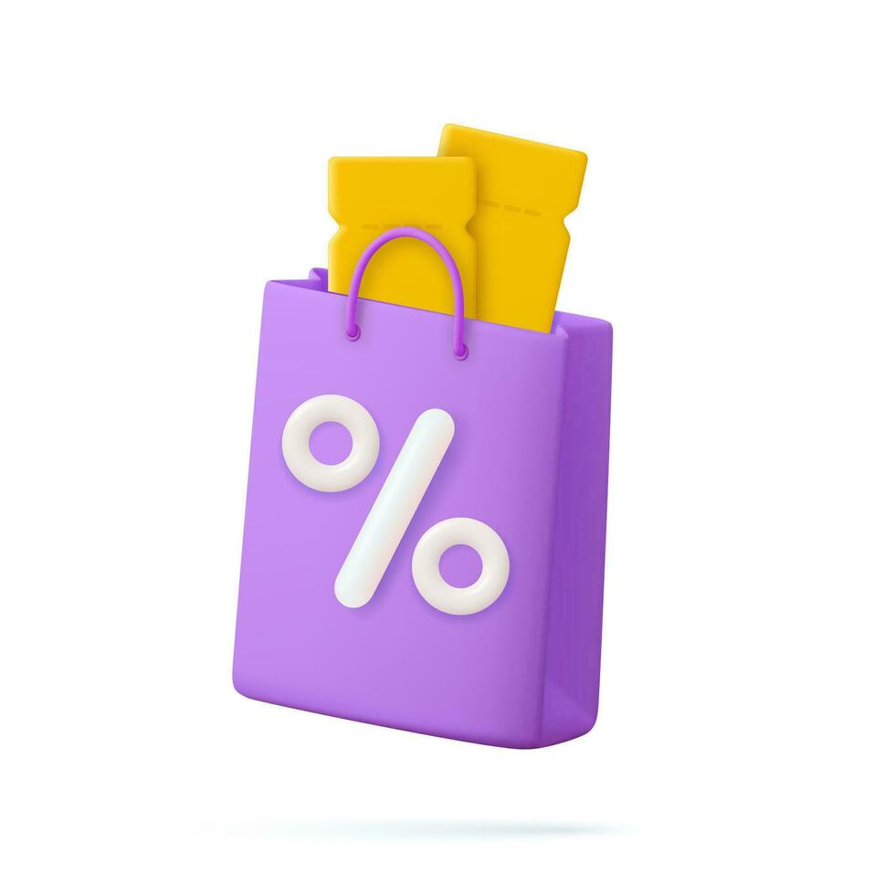 3d compras bolsa, bolso. venta, descuento, promoción, en línea compras concepto. el concepto de un promoción código. bandera modelo. 3d representación. vector ilustración