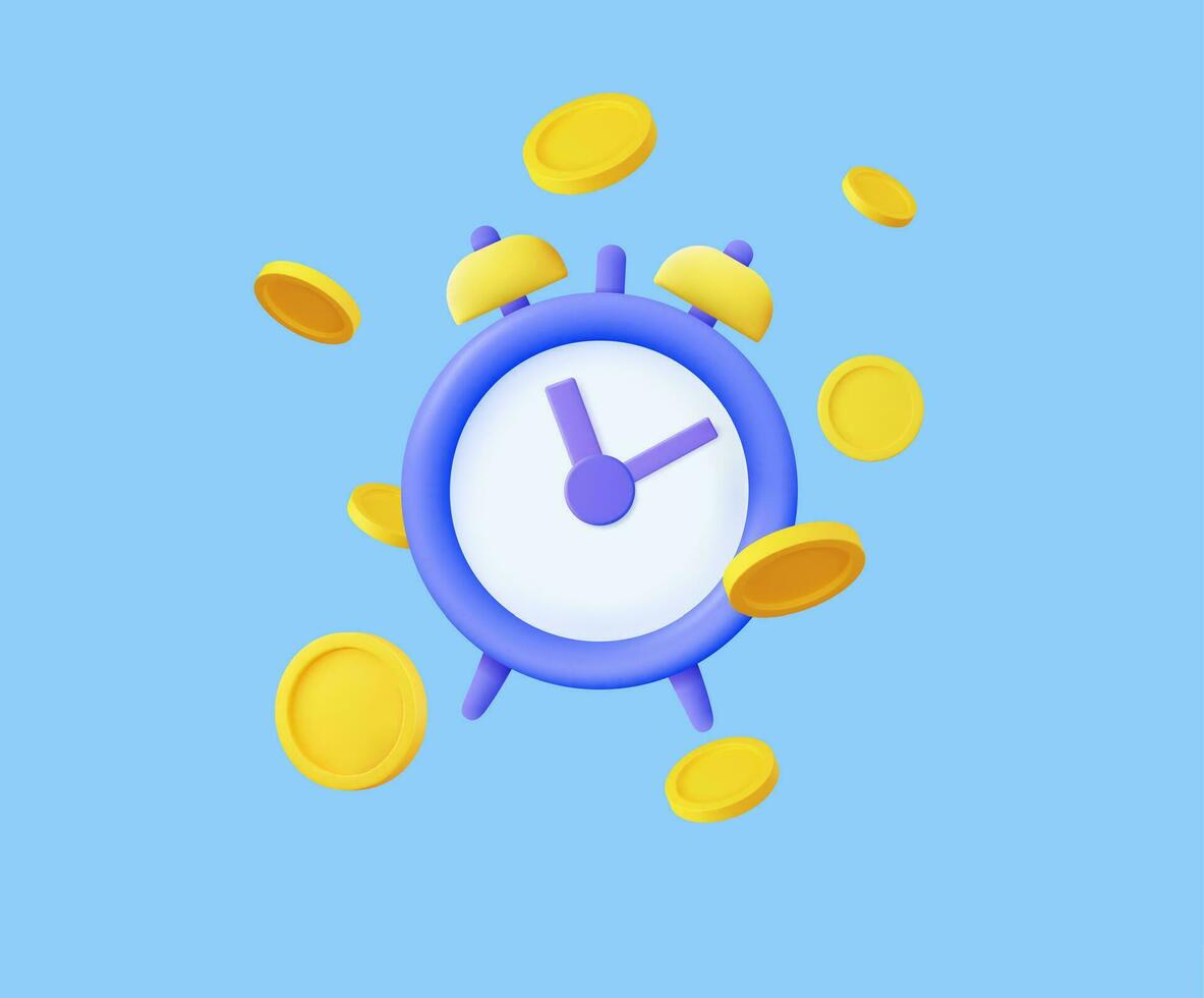 3d alarma reloj y monedas hora es dinero concepto. negocio inversiones, ganancias y financiero ahorros, presupuesto gestión, ahorros cuenta. rápido dinero. 3d representación. vector ilustración