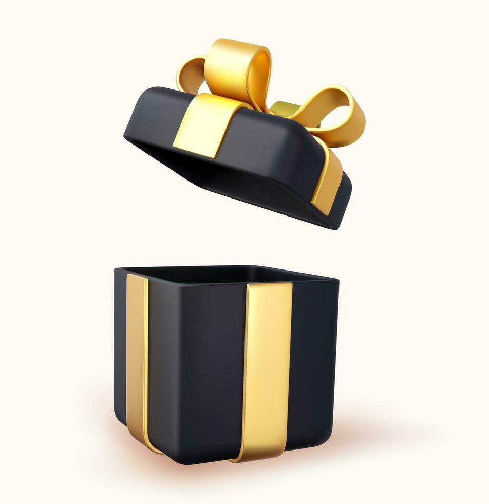 3d render open gifts box isolated on white background. Holiday decoration presents. Festive gift surprise. Realistic icon for birthday or wedding banners. Vector illustration.