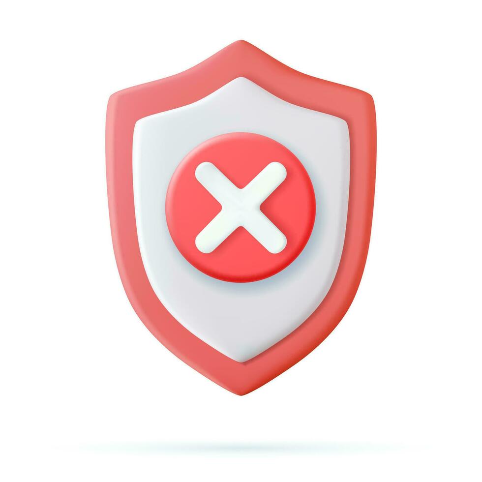 3d Shield with decline icon. Shield check mark false or security shield danger protection icon with cross symbol. Vector illustration