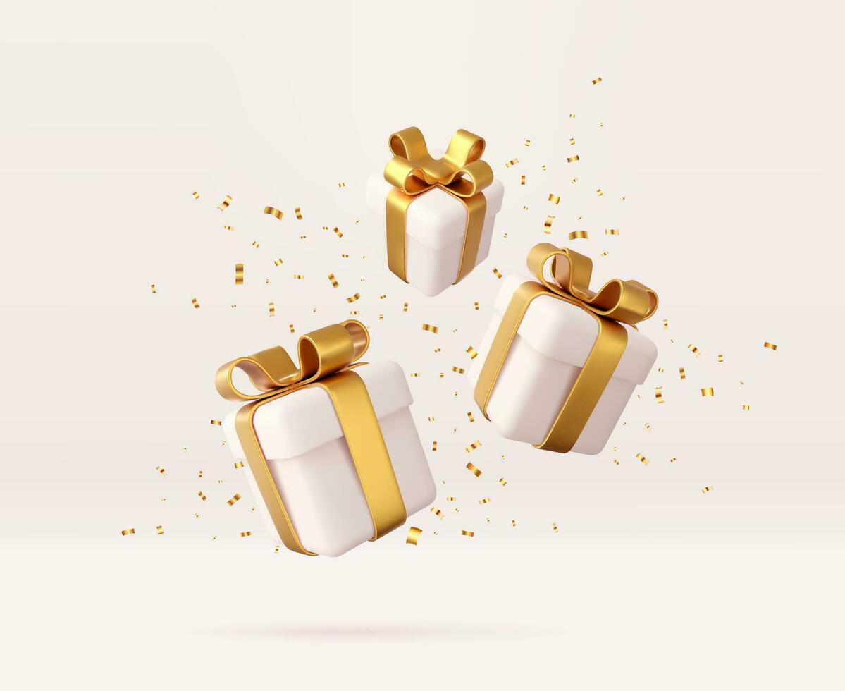 3d white gift boxes with golden ribbon and bow and sequins confetti. Birthday celebration concept. Merry New Year and Merry Christmas gift boxes with golden bows. 3d rendering. Vector illustration