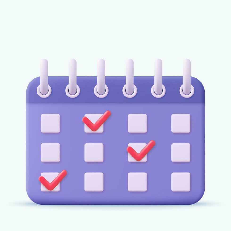 3d Calendar assignment icon with check sign. Planning concept. Day month year time concept. 3d rendering. Vector illustration