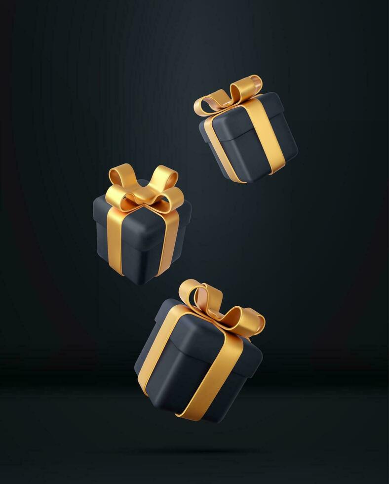 3d black gift boxes with golden ribbon and bow. Birthday celebration concept. Merry New Year and Merry Christmas black gift boxes with golden bows. 3d rendering. Vector illustration