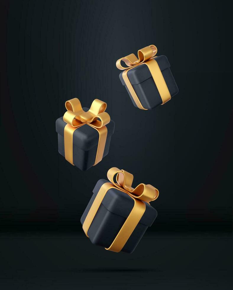 3d negro regalo cajas con dorado cinta y arco. cumpleaños celebracion concepto. alegre nuevo año y alegre Navidad negro regalo cajas con dorado arcos 3d representación. vector ilustración