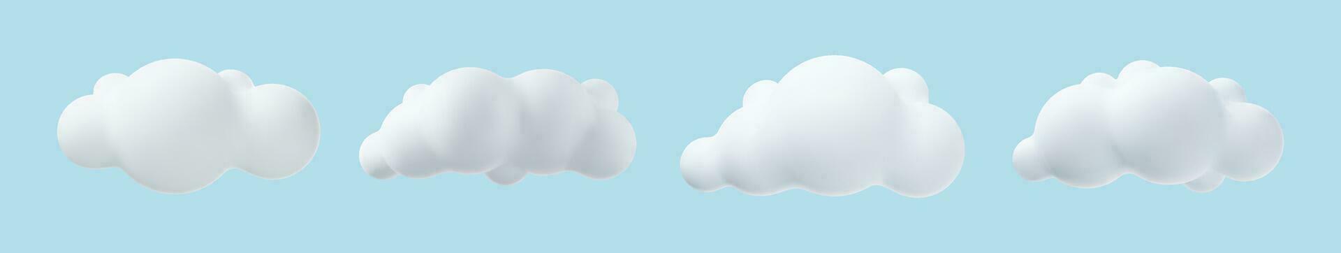 3d realistic simple clouds set isolated on blue background. Render soft round cartoon fluffy clouds icon in the sky. Vector illustration