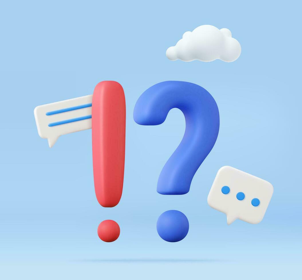3d Exclamations and Question Marks. FAQ concept. Ask Questions and receive Answers. Online Support center. Frequently Asked Questions. 3d rendering. Vector illustration
