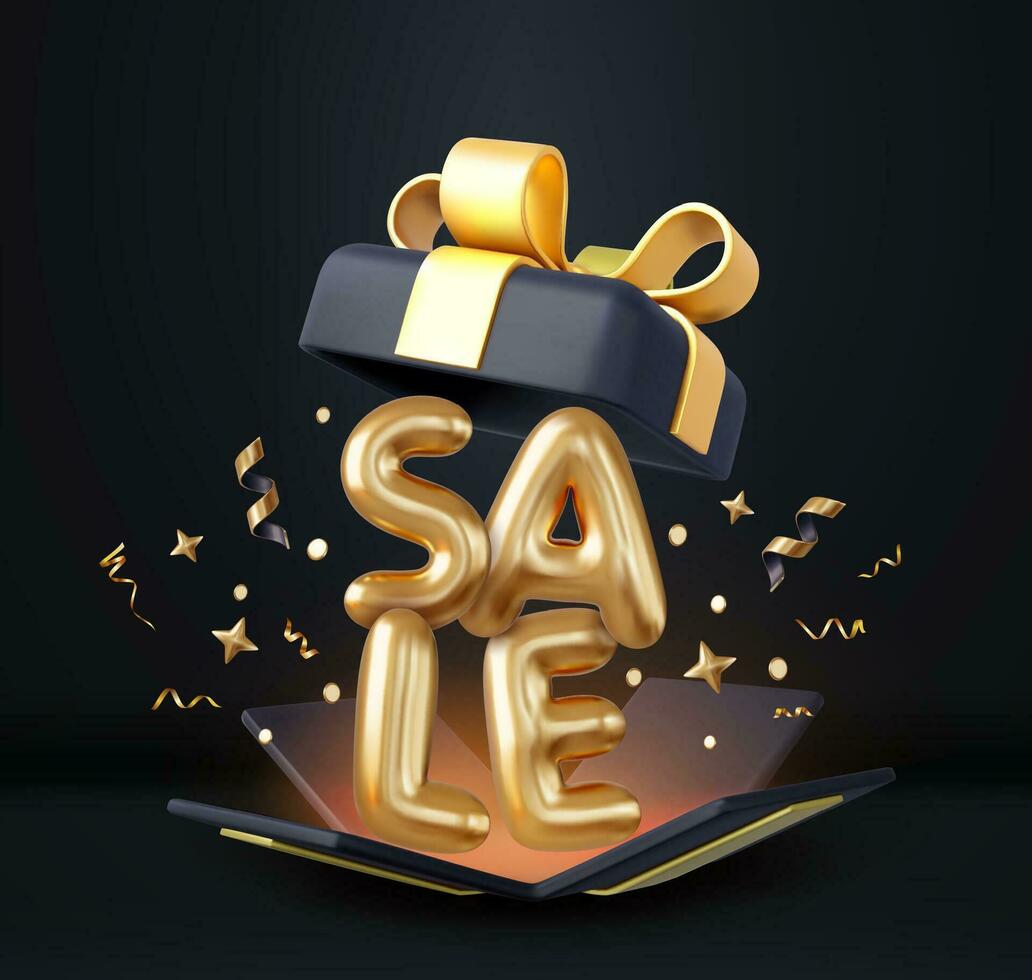 3d Xmas sale present. Merry Christmas and Happy New Year. Background with realistic 3d open gifts box. 3d rendering. Vector illustration