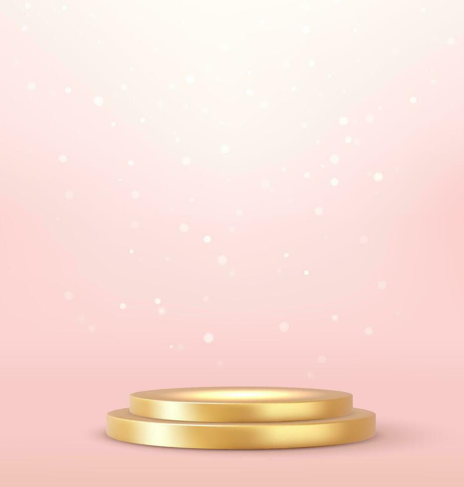 3d Golden podium with a spotlight and bokeh on a light background, the first place, fame and popularity. 3d rendering. Vector illustration