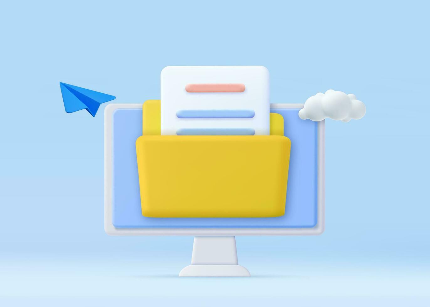 3d File transfer concept. Yellow folder with document on computer monitor. minimal design folder with files, paper icon. File management concept. 3d rendering. Vector illustration