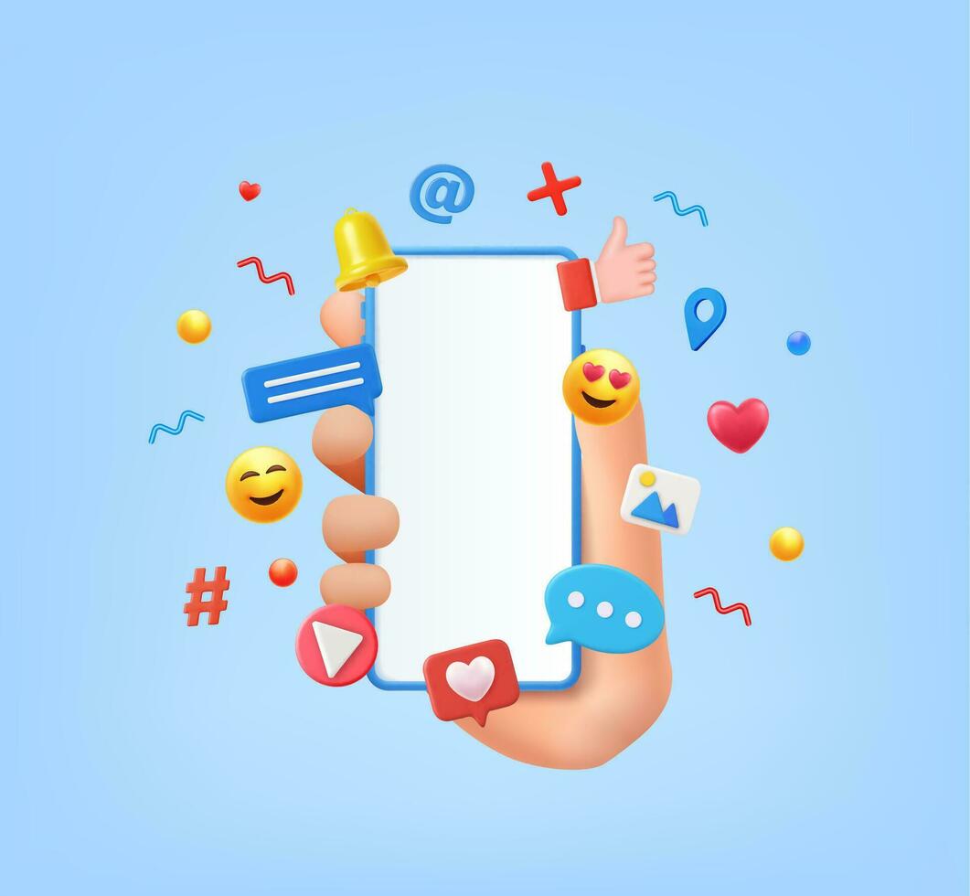 3D Online Social media communication concept. phone with comment, video and photo gallery and play icons. Hand holding phone with emoji, comment, love, like and play icons. Vector illustration