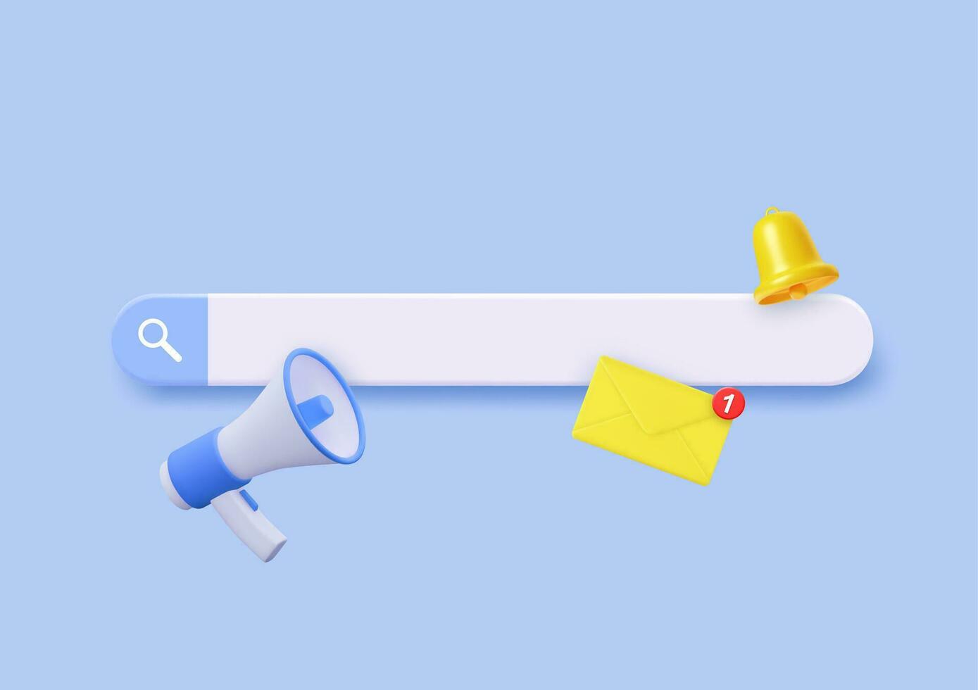 3D Search Bar design element. Navigation search tool for browser and web. Realistic Megaphone and Bell. Cartoon banner template. 3D Rendering. Vector illustration