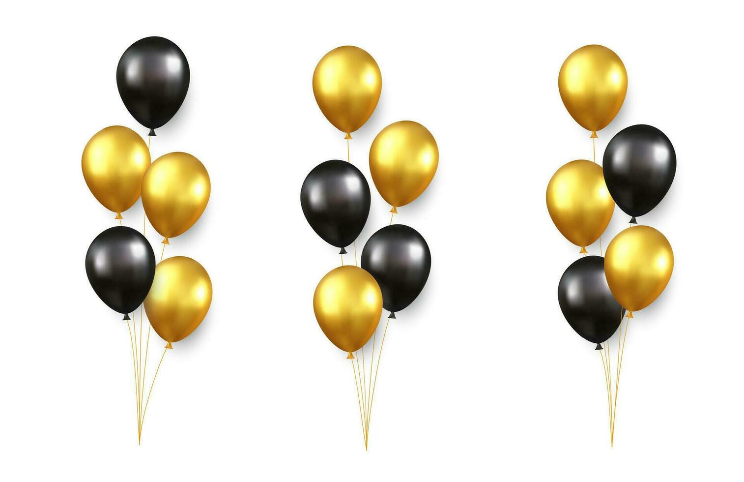 Set of festive bouquets of gold, black balloons isolated on white background. Color glossy flying baloon, ribbon, birthday celebrate, surprise. 3d rendering. Vector illustration