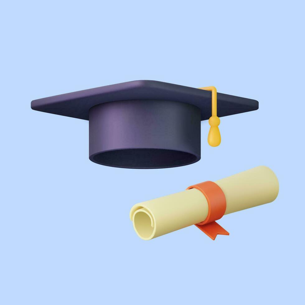 3d graduation hat and diploma cartoon. 3d rendering university student cap mortarboard and diploma graduation concept. Vector illustration