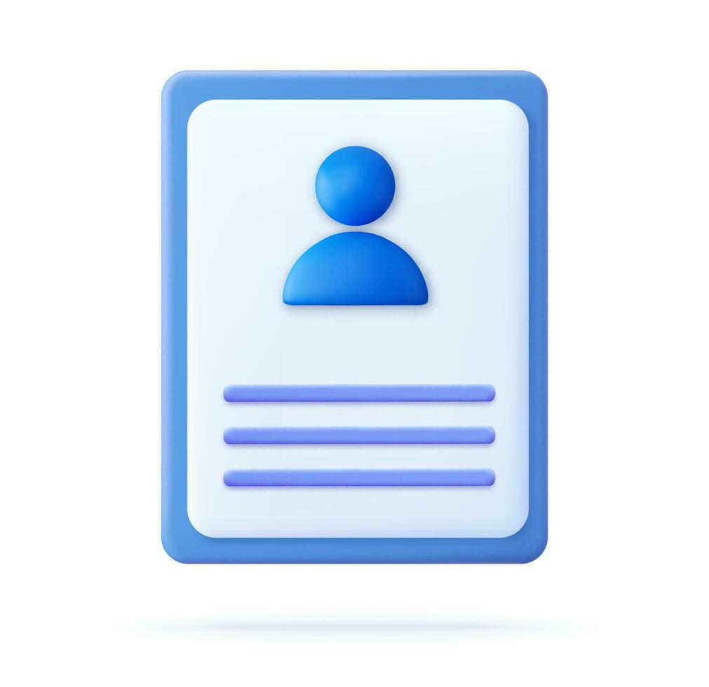 3d CV Resume icon. Job search, human resources, business, job interview, hr, recruitment concept. 3d rendering. Vector illustration