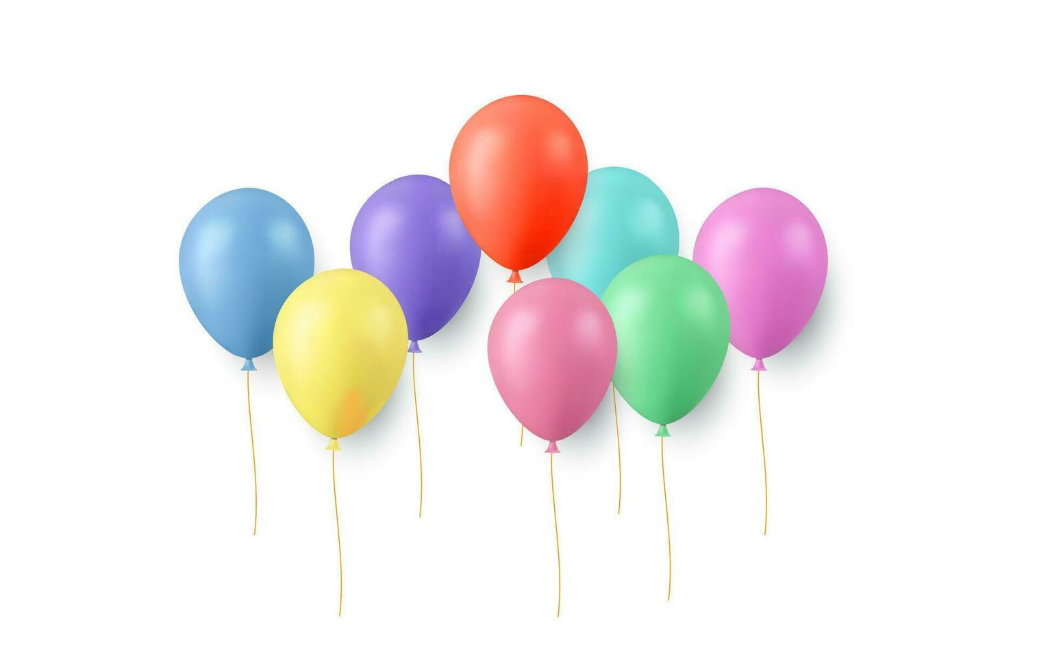 Set of festive bouquets of color balloons isolated on white background. Color glossy flying baloon, ribbon, birthday celebrate, surprise. 3d rendering. Vector illustration