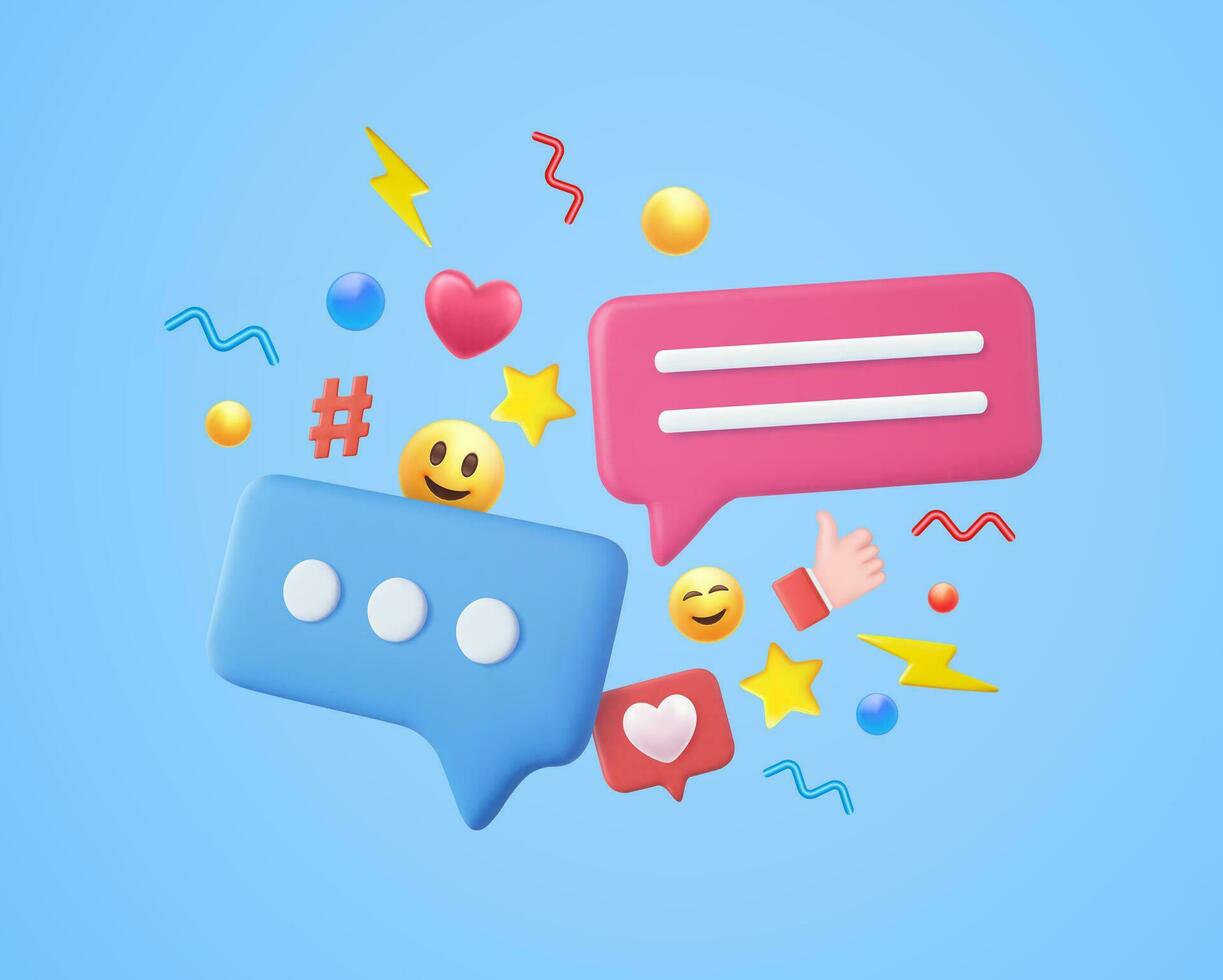 3d social media and technology with love, like, comment icon. chat. online social communication applications concept. 3d rendering. Vector illustration