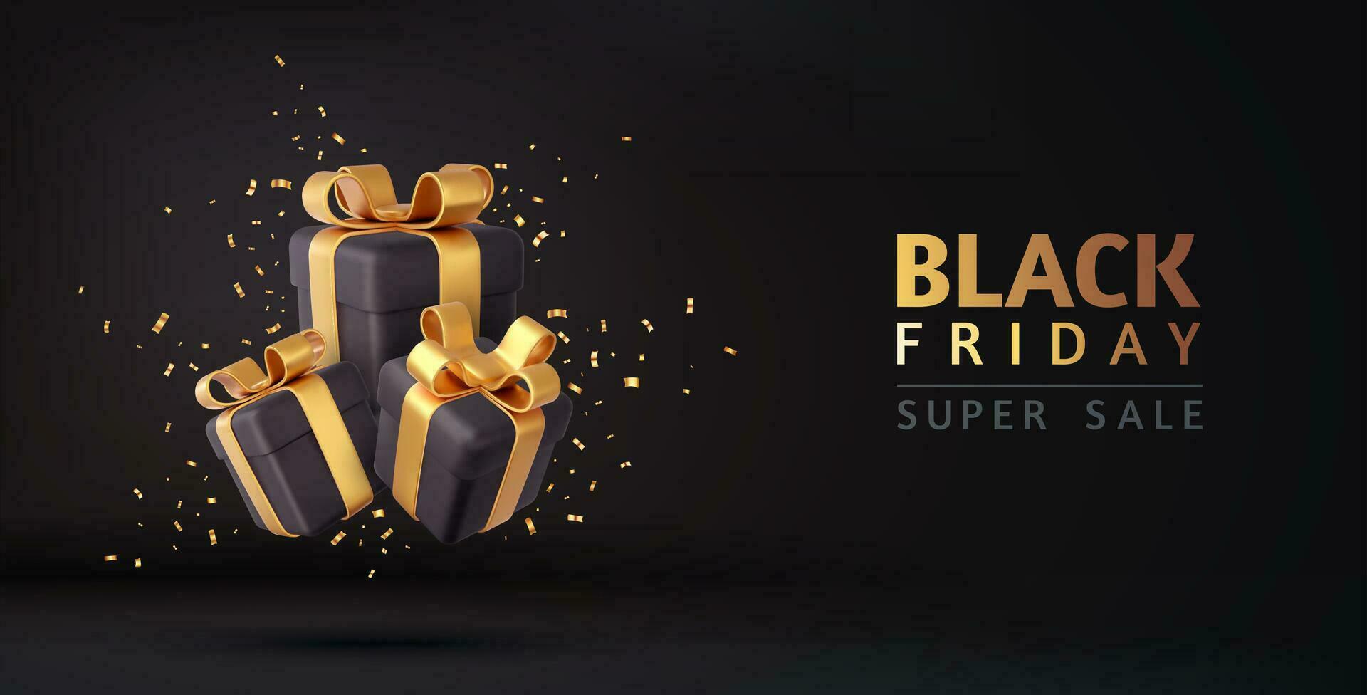 3d Black Friday sale background. Dark gift box with gold confetti. New Year and Christmas design. Xmas decorative surprise object. 3d rendering. Vector illustration