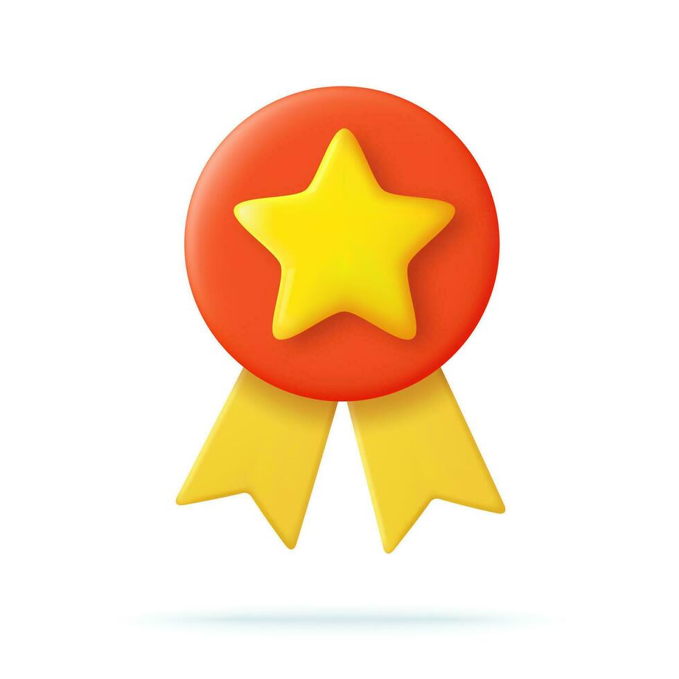 3d Winner medal with star and ribbon. Cartoon minimal style. Premium quality, quality guarantee symbol. 3d rendering Certificate Blank badge icon. Vector illustration