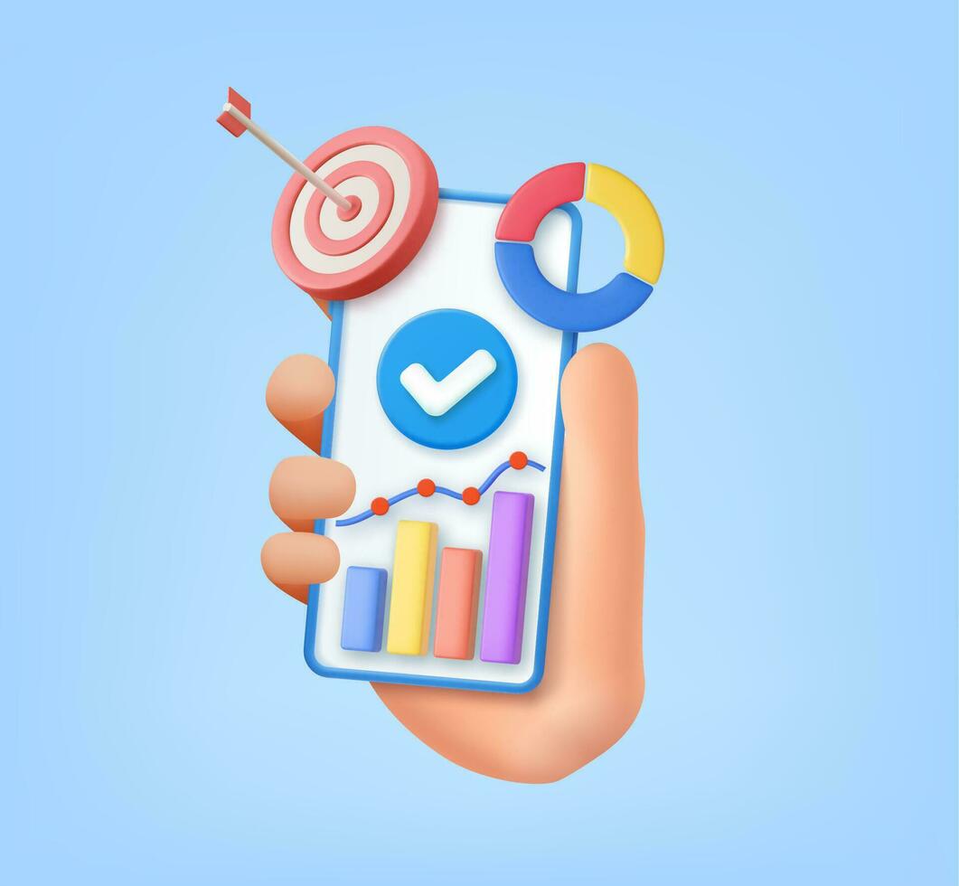 3d Hand holding mobile phone with data chart, financial report chart, data analysis. Online marketing. trading for business investment. Assignment target icon. 3d rendering. Vector illustration
