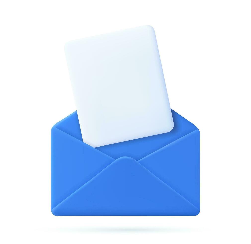 3d hacer abierto correo sobre con mosca papel documentos icono aislado en blanco antecedentes. . leer en línea mensaje. realista símbolo comunicación. negocio Noticias y invitaciones vector ilustración