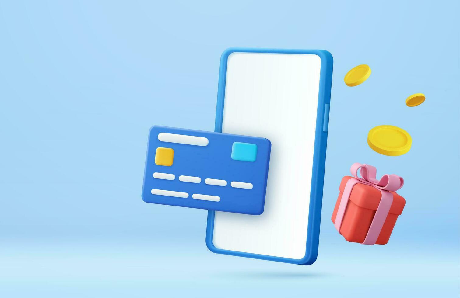 3d en línea compras en social medios de comunicación aplicación con regalo caja, crédito tarjeta, moneda. adecuado para promoción de digital historias, web y anuncio. 3d representación. vector ilustración