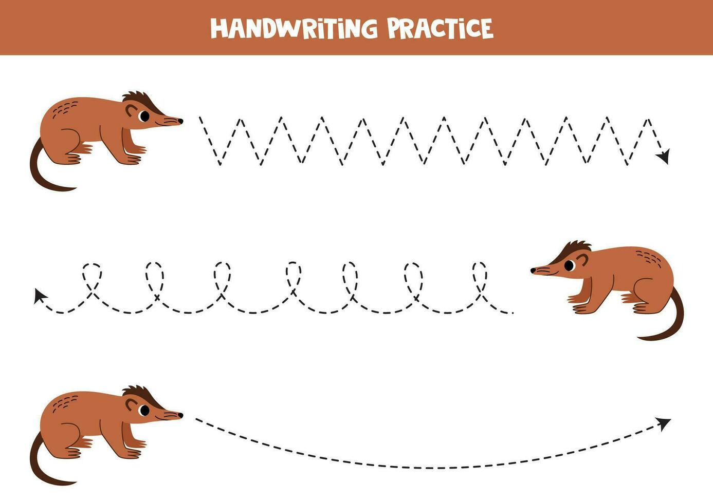 Tracing lines for kids.  Cute cartoon solenodon. Handwriting practice. vector