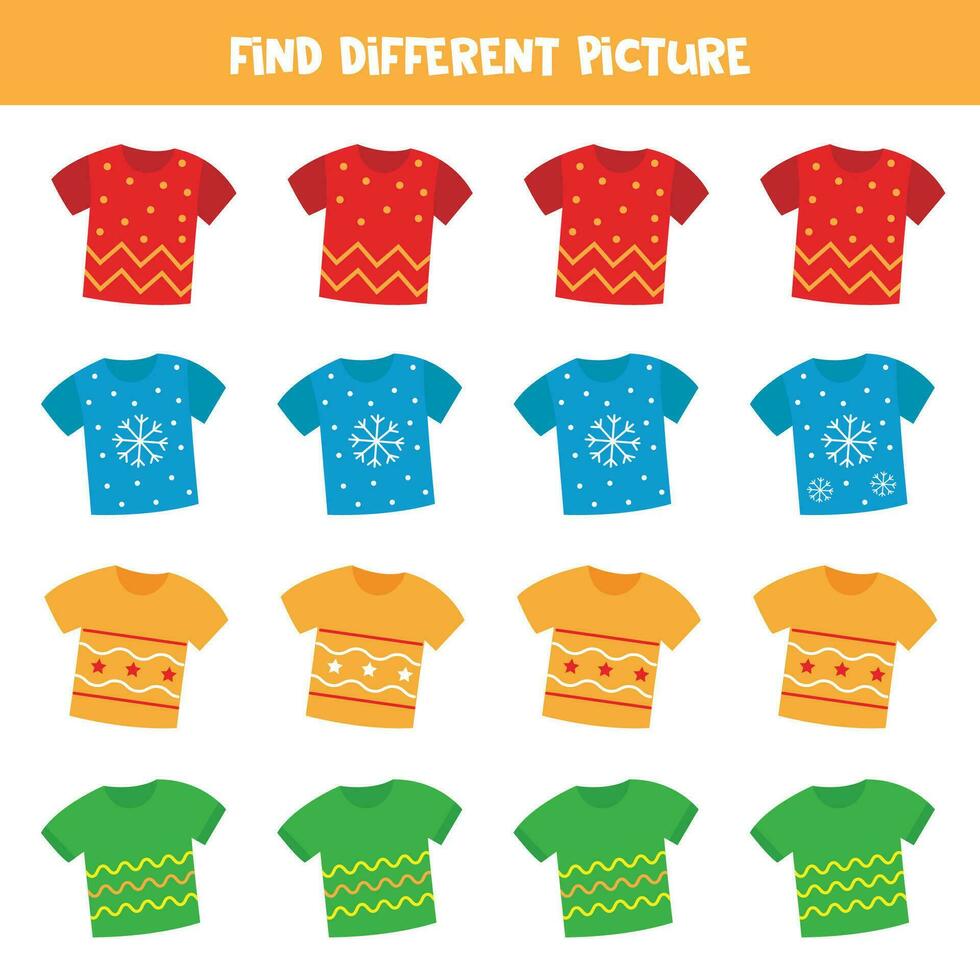 Find different colorful tshirt in each row. Logical game for preschool kids. vector
