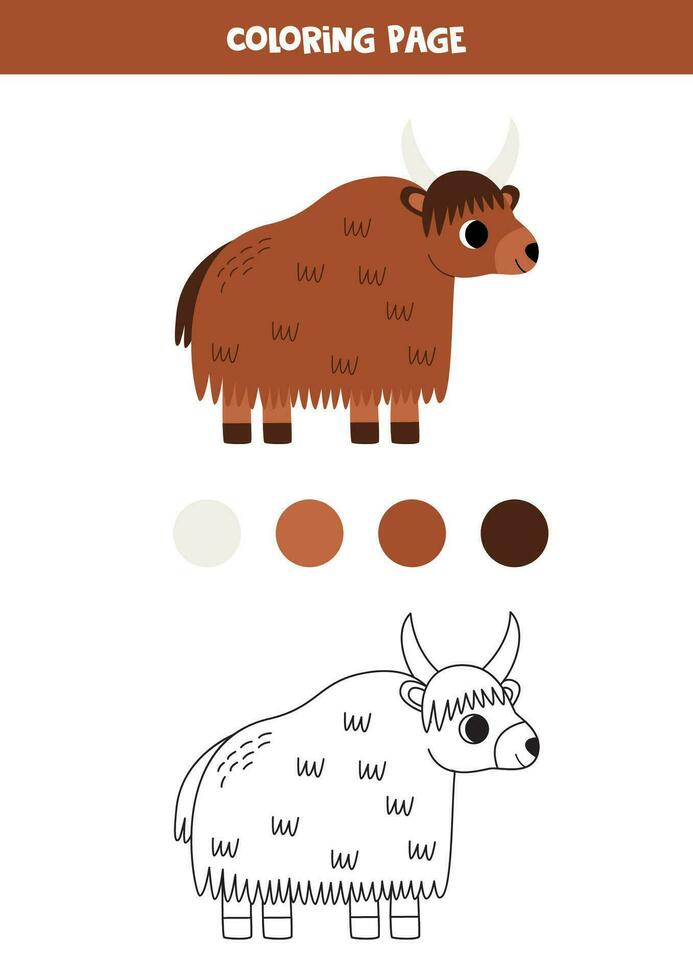 Color cute cartoon brown yak. Worksheet for kids. vector