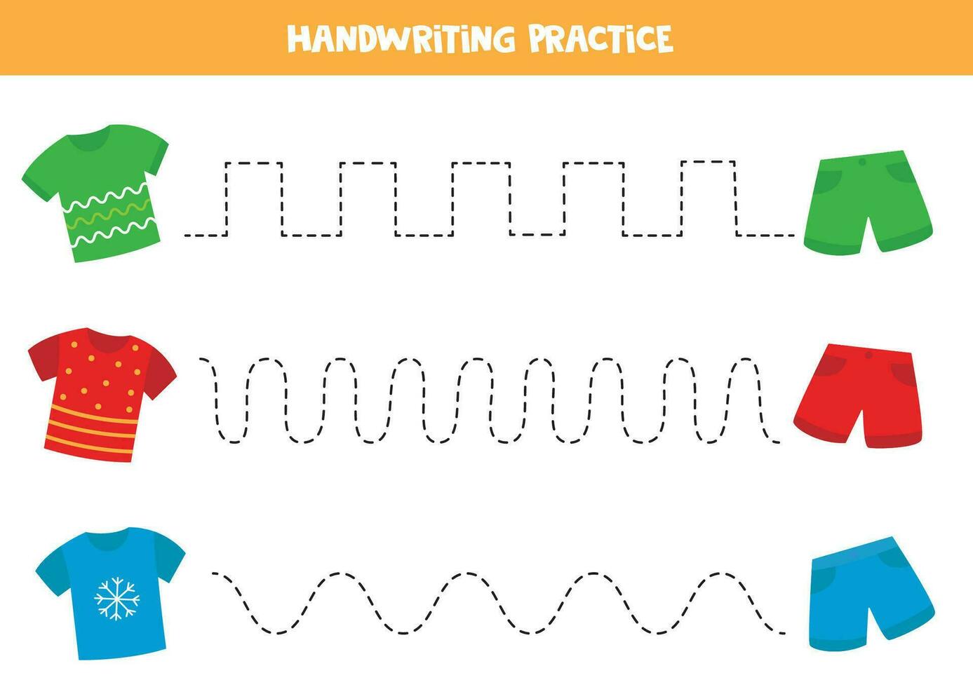 Tracing lines for kids. Cute colorful t shirts and shorts. Handwriting practice. vector