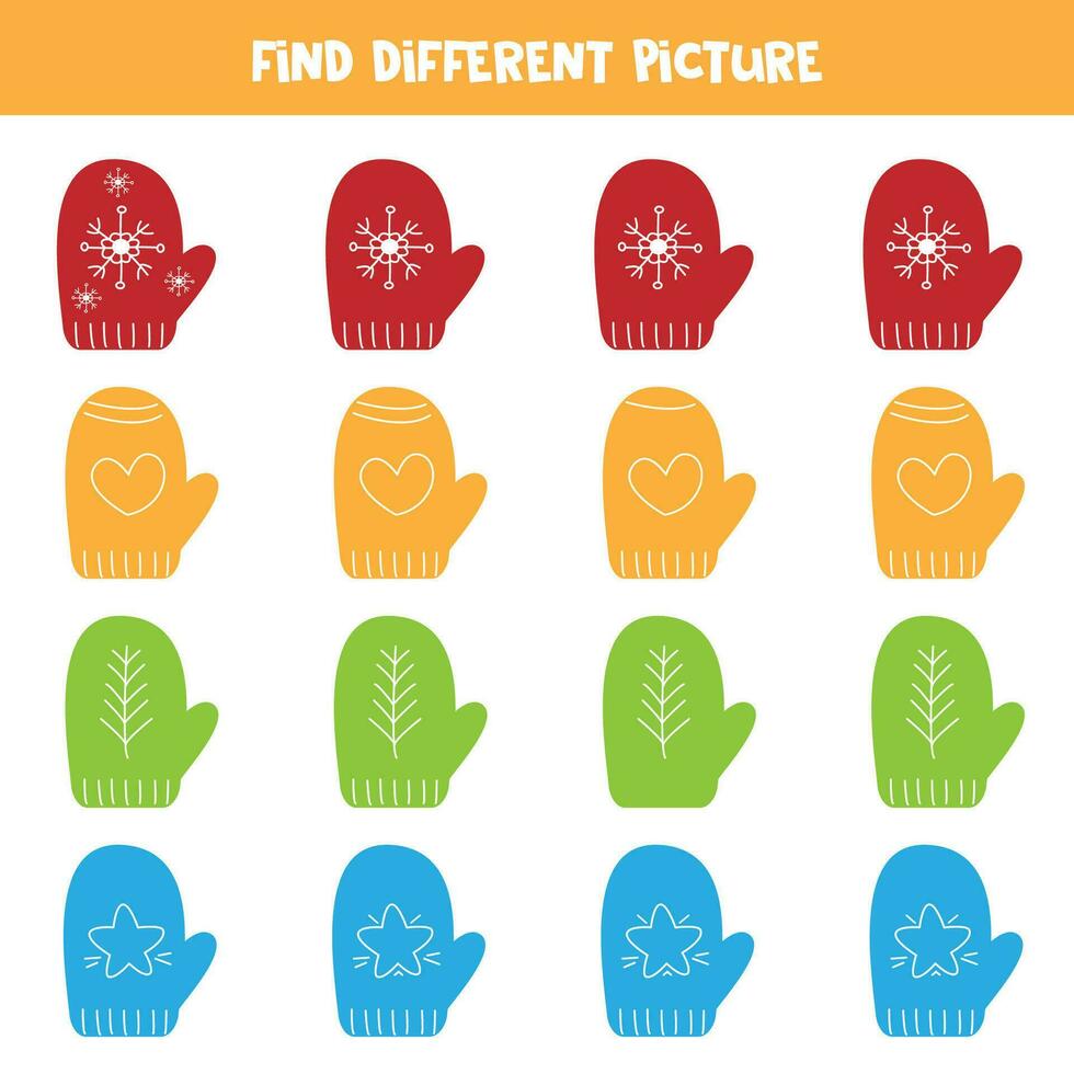 Find different colorful mitten in each row. Logical game for preschool kids. vector