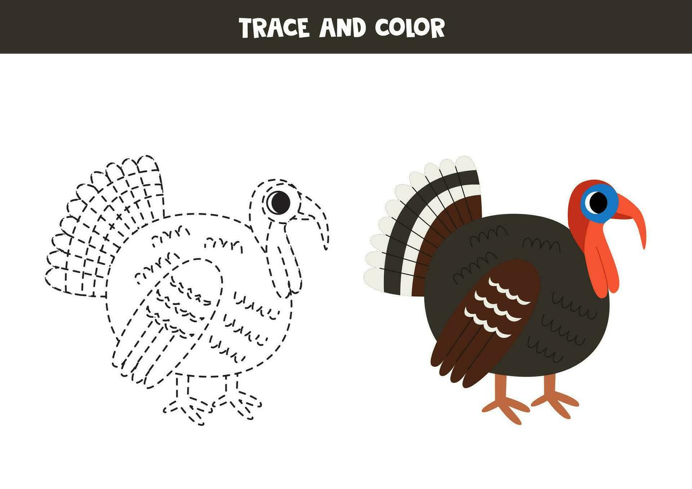 Trace and color cute cartoon turkey. Worksheet for children. vector