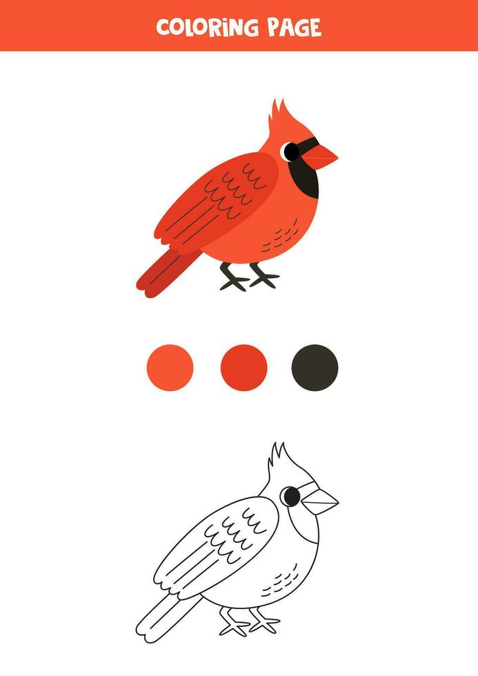 Color cute cartoon red cardinal bird. Worksheet for kids. vector