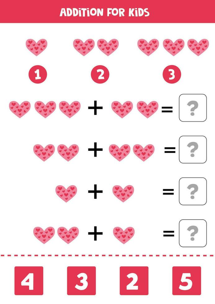 Addition for kids with cute flat pink heart. vector
