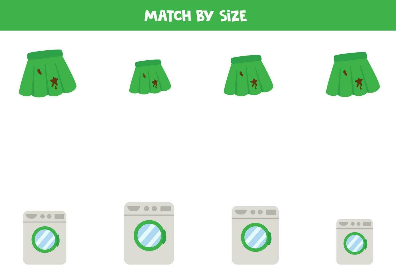 Matching game for preschool kids. Match cartoon green skirts and washing machines by size. vector