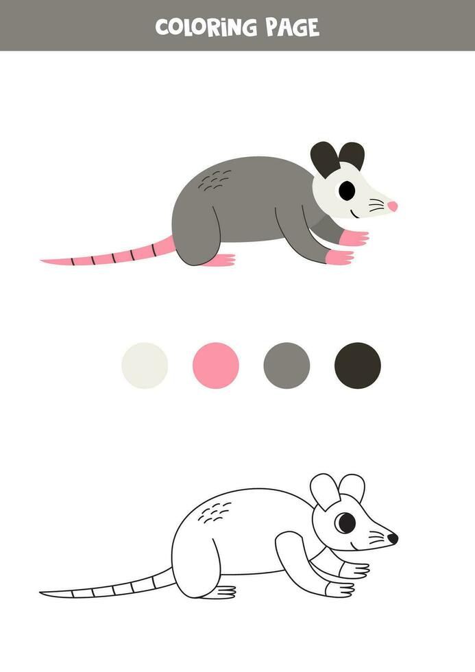 Color cute cartoon opossum.  Worksheet for kids. vector